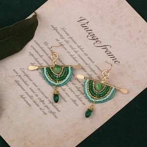 Green Beaded Earrings‎ Gold Tone Boho Dangle Drop Paddle Boat Style